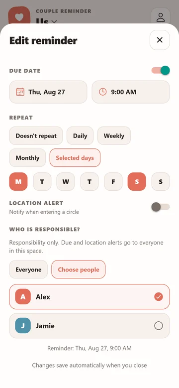 The reminder editor with responsibility options for people in the space