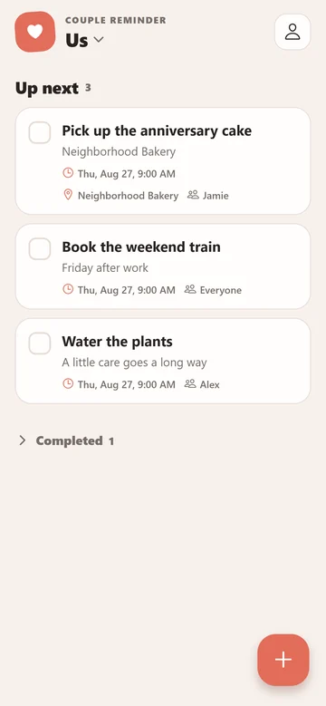Couple Reminder shared list with a saved bakery location on a reminder