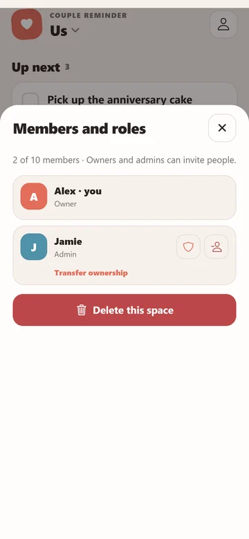 The members and roles screen in a Couple Reminder shared space